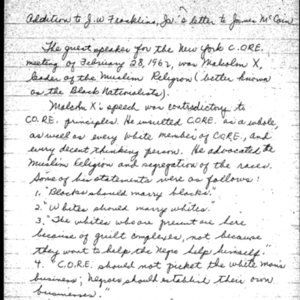 letter complaining of Malcolm X being at a New York CORE meeting, 1962